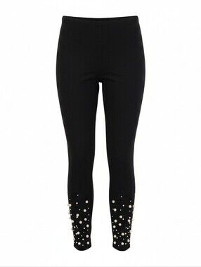 Athena Marie -Ladies Petite Black Pants,Faux Pearl Leg Embellishment,Lined Waist